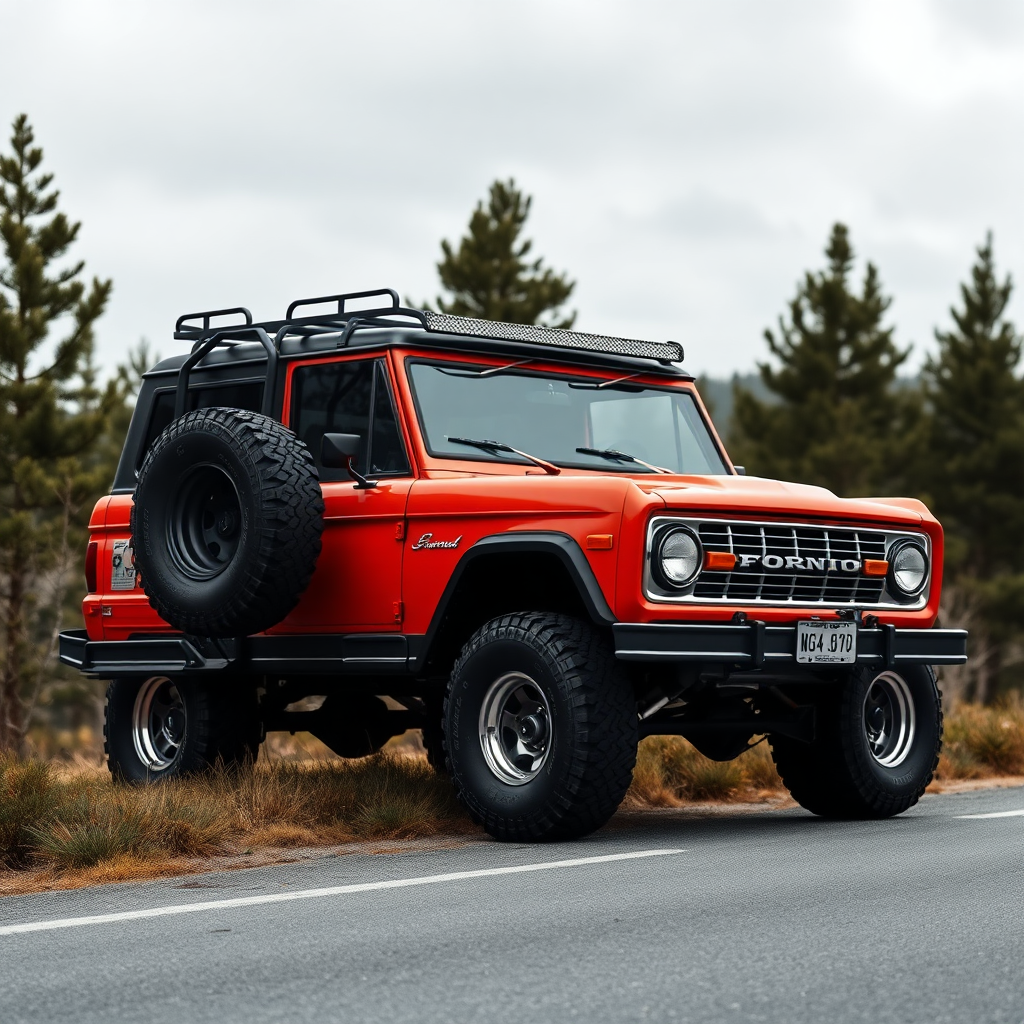 Ford Bronco the 4x4 car is parked on the side of the road, inspired by Taiyō Matsumoto, tumblr, restomod, nd4, c4