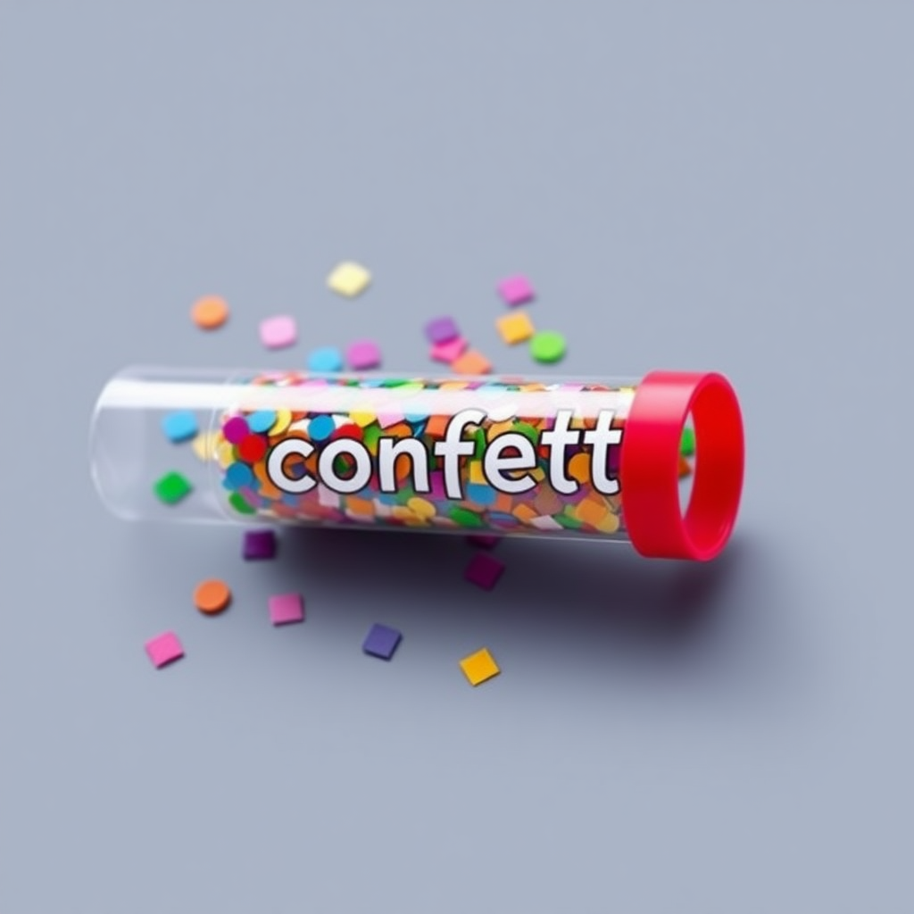 colorful confetti popper tube with text "confetti" on it