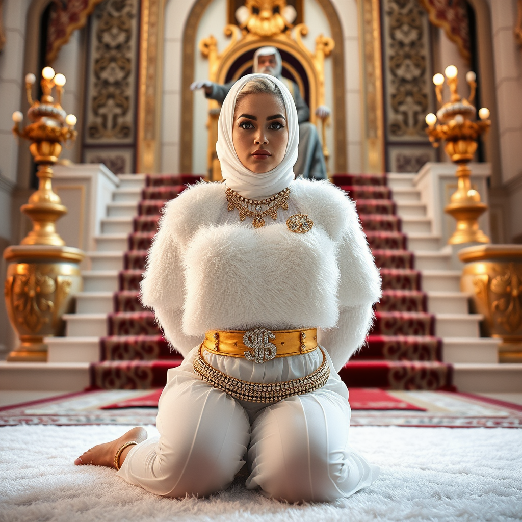 Kuwait desert palace throne room, throne raised on stair head, old overweight mighty sheik sitting on throne. In front of stairs, kneeling on white fluffy carpet: Melissa, European 17 years old very convincing femboy “trophy-bimbo”, tamed servile docile, rather short, by hormones very curvaceous womanly figured, platinum blond short tight curls, heavily made-up eyes, wearing Supertanya-style fluffy very fuzzy bright white angora turtleneck-poncho cropped ending under bust decorated with pearls and gemstones, striking oriental wide gold bridal protection belt, white fully transparent harem pants, full Oriental bridal jewelry, face covered by white sheer full Burka, coin anklets, striking diamond “$$$” letter brooch on left chest, pout frustrated, hands tied behind back, looking at camera. Focus on face and turtleneck-poncho, side perspective.