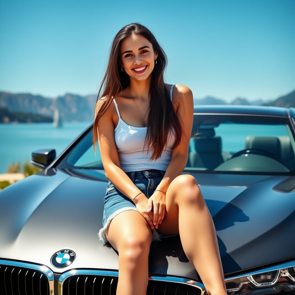 A sweet young woman sitting on the engine hood of a BMW 320 G20 in the color space gray. She has long brunette hair hanging on her shoulders and deep brown eyes. She is smiling. She is wearing a white top and jeans shorts, a decent necklace, and anklets. In the background, there is a lake and mountains. It is summer. On the lake, there are some sailing boats. Natural style. The weather is sunny and the sky is blue.