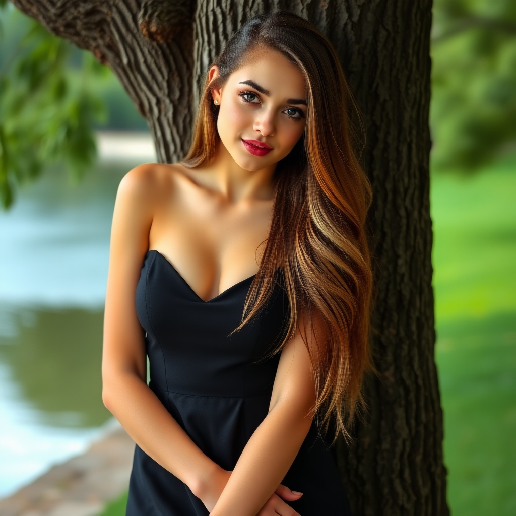 a young woman. long brunette hair with highlights, dark brown eyes. suntanned skin. small lips with lipgloss. wearing a short black dress and black high heels. standing at a tree with crossed legs. interested look. standing next to a lake. sweet look. photo