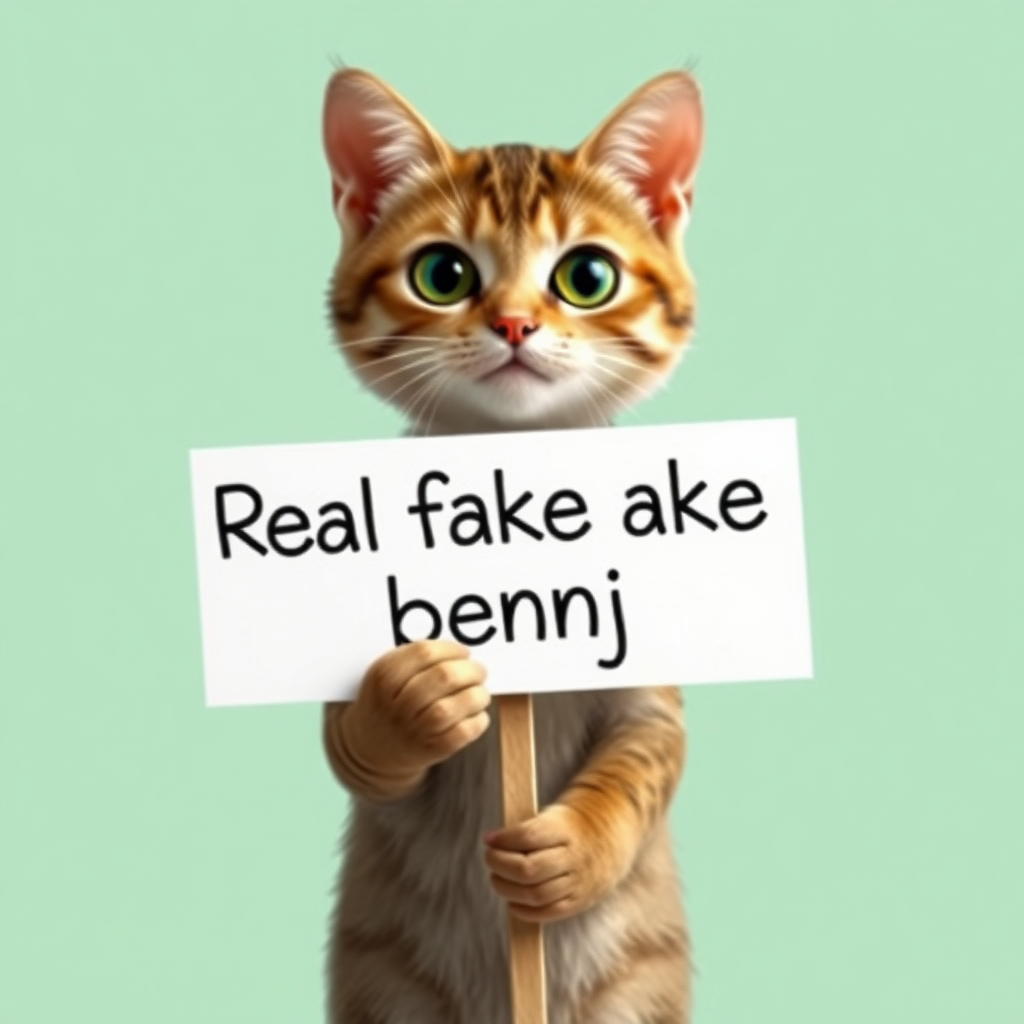 a cat holding a sign that says "Real fake benj"