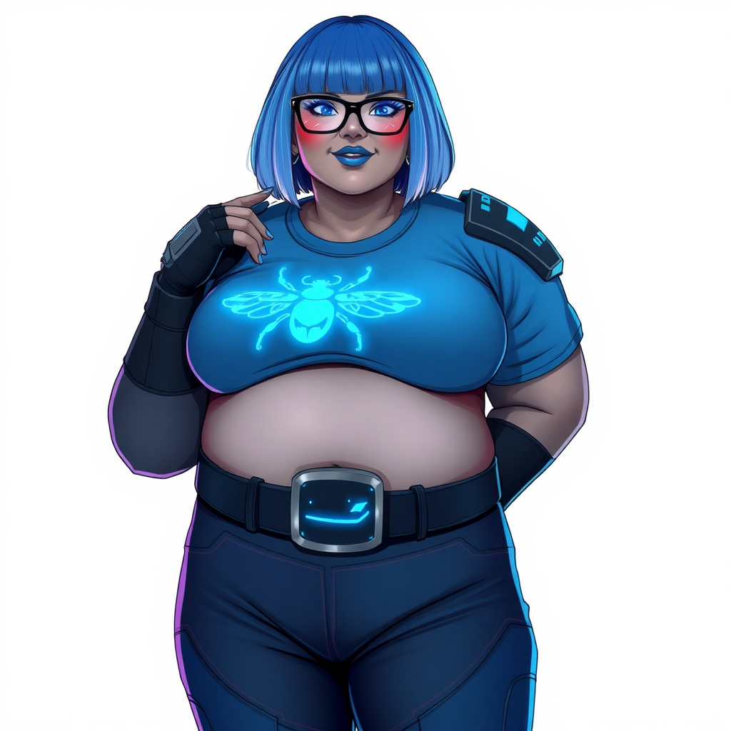 A 28-year-old, full-figured, middle gray skinned computer program hybrid with a maximum blue bob cut. She has a non-athletic build, highlighted by a prominent, round, large midsection (with emphasis on her belly), reflecting her new eating habits. As the full-figured, nerdy, digital sidekick to her cyberpunk vigilante boyfriend, her middle gray metallic skin and vibrant blue lipstick emphasize her digital essence. She wears a high-tech, computerized costume, consisting of a large, tight-fitting, maximum blue t-shirt with a neon blue glowing chest icon of a beetle, advanced shoulder pads with neon blue accents, a black high-tech belt with a digital neon blue glowing buckle, digital maximum blue biker pants with neon blue accents, and black high-tech biker gloves with neon blue glowing accents. Her neon blue glowing eyes, black eyeglasses with a neon blue glowing HUD built into the lenses, and shy smile with neon red blush accentuate her nerdiness. She stands bashfully with one hand behind her back and the other hand gently touching her cheek, her costume covering all her skin and emphasizing her full-figured physique (especially her belly). She is clearly non-athletic, with a focus on her full-figured physique. Despite her build, she radiates beauty. She has a slim face compared to her physique, accentuating her radiant beauty. She is on a solid white background. She is drawn as if she were in a retro 2D cyberpunk fighting game.