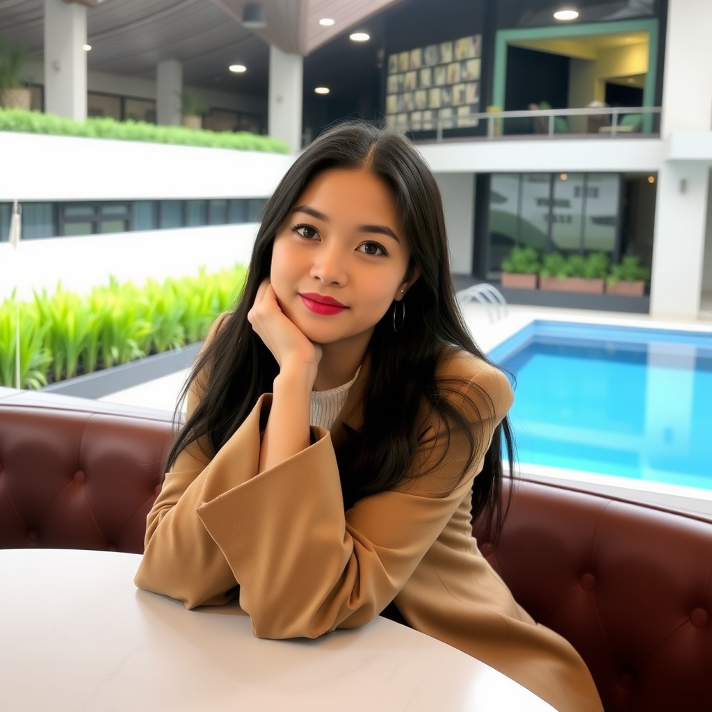 A beautiful Xiaohongshu blogger sits in a café, leaning on the table, with green grass and a pool outside the window, dressed in fashion, an urban elite.