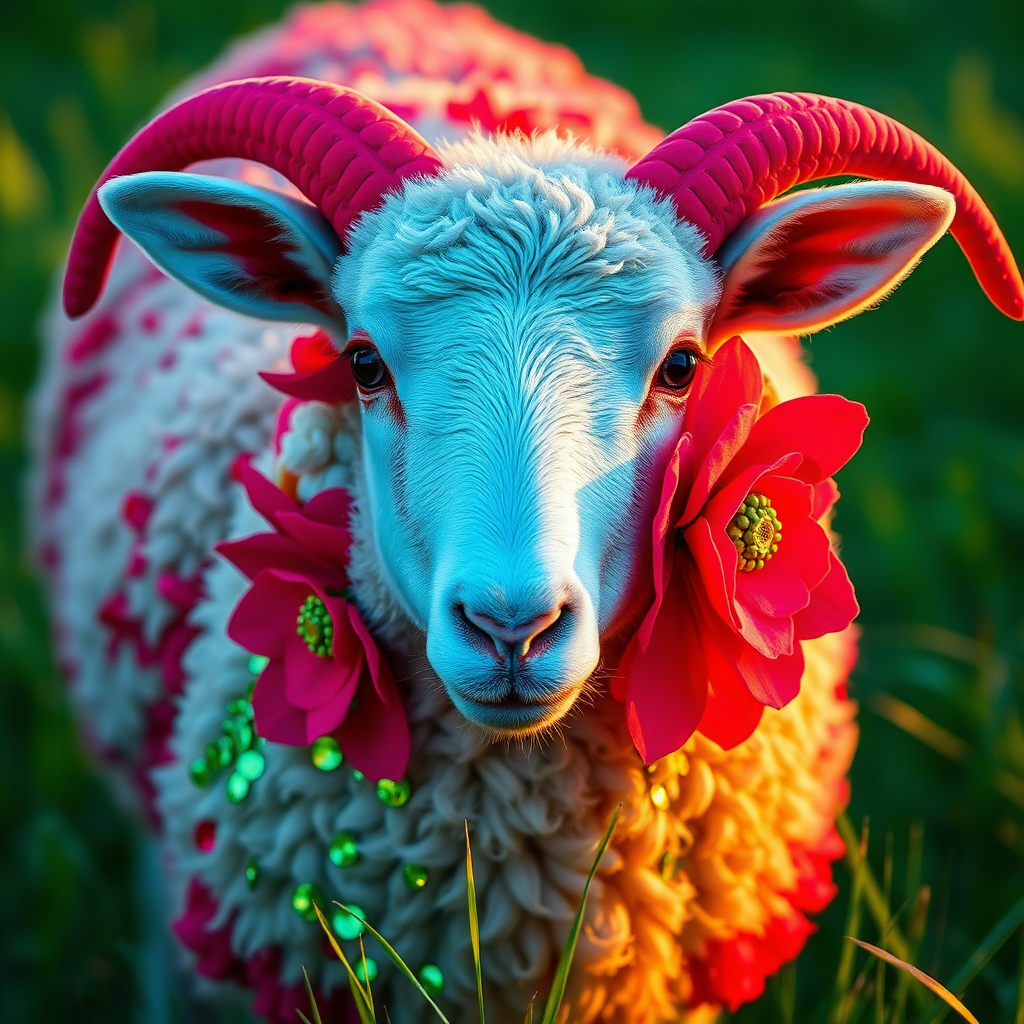 a shot photo of a sheep with pop red and neon lime green colours sequins work have large floral design with sequins work, creating a dreamy atmosphere. Taken with a Canon E05 R camera with 50 mm f/1.8 lens and f/2.2 aperture. grassland backdrop, photography, photorealistic, hyperdetailed.