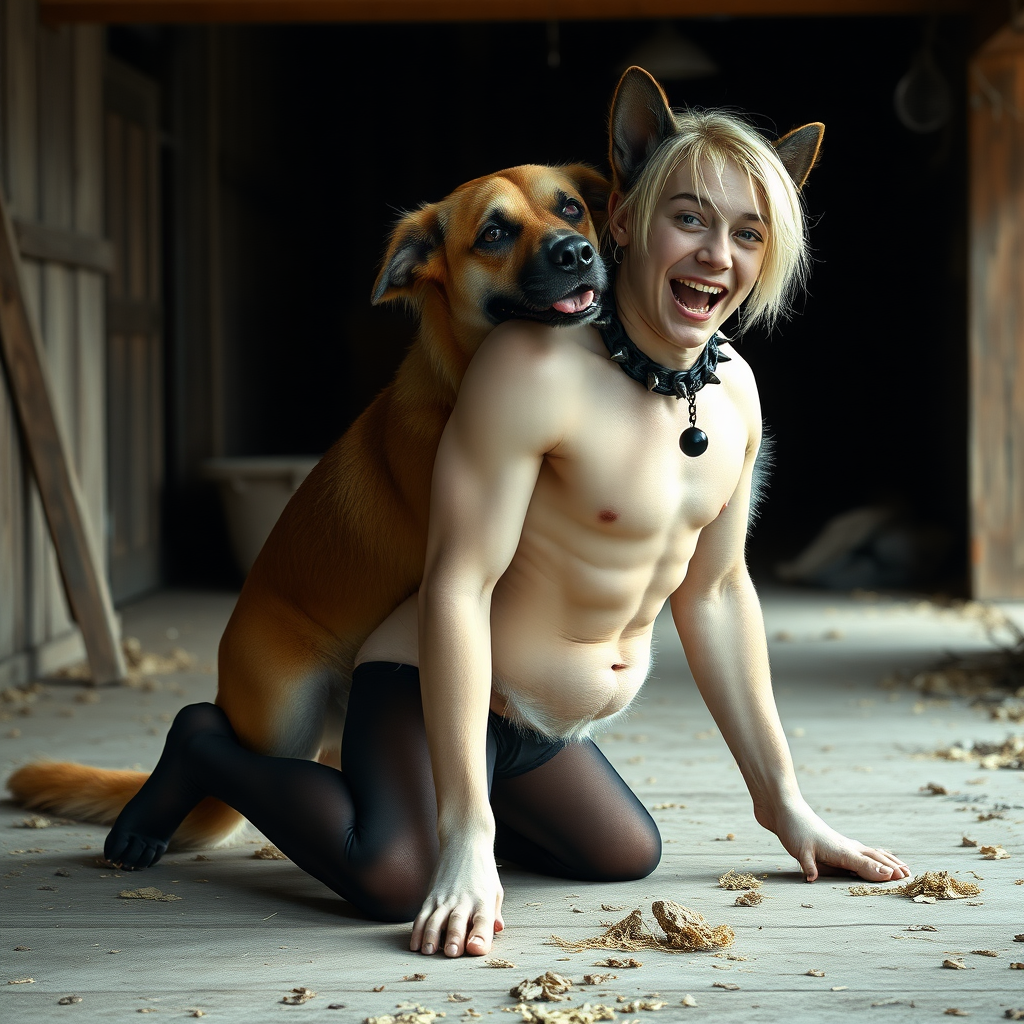 photorealistic, ultra high resolution, 16K, surreal fantasy, soft studio lighting, Caleb Swift is a pretty 16 year old goth male, slim male physique, blonde hair, blue eyes, goth makeup, earrings, sheer black pantyhose, spiky neck collar with chain, kneeling and leaning forward on the floor of the barn while his large dog rests its front legs on Caleb's back, during daytime, excited open mouth smile, small black ball-gag, drooling a stream of saliva from his mouth, bulging crotch, full body in wide view from side with Caleb facing the camera.