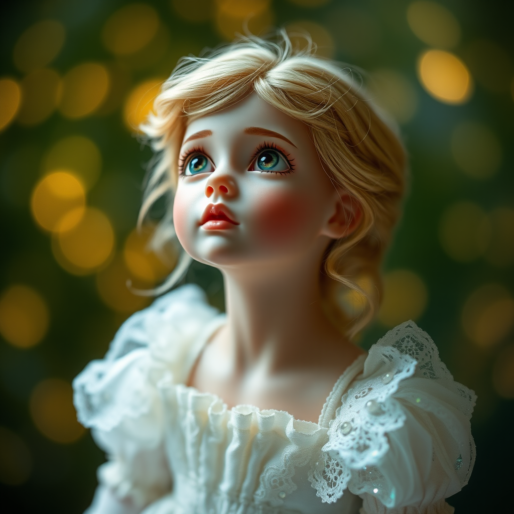 preteen artists doll, full body, bisque porcelain doll, bjd, genuine collectors doll, looking up dreaming, Bokeh, abstract, brilliant colors, glittering, translucent, mother of pearl, opal, iridescent, natural skin, glowing, artistic photo, wide angle, cute, interesting, Victorian dress