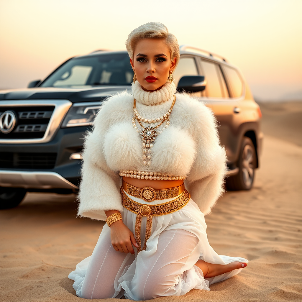 Kuwait desert dunes misty dawn, full size luxury SUV: Melissa, European 17 years old very convincing femboy “trophy-bimbo”, tamed servile docile, very beautiful feminine flawless face, rather short, by hormones very curvaceous womanly figured, platinum blond short tight curls, bold red lips, heavily made-up face, wearing Supertanya-style fluffy very fuzzy bright white angora turtleneck-poncho cropped ending under bust decorated with pearls and gemstones, striking oriental wide gold bridal protection belt, white fully transparent harem pants, full Oriental bridal jewelry including headpiece, nose-ring, coin anklets, striking diamond “Bimbo” letter brooch on left chest, pout frustrated, hands tied behind back, kneeling in sand in front of SUV, looking at camera. Focus on face and turtleneck-poncho.