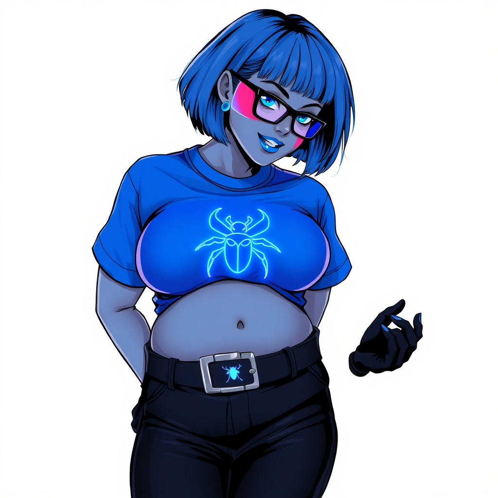 A 28-year-old, full-figured, metallic middle gray skinned cyberpunk computer program hybrid with a short maximum blue bob cut. She has a non-athletic build, highlighted by a prominent, round midsection (with a focus on her round belly). As a digital sidekick to her cyberpunk vigilante boyfriend, her middle gray metallic skin and maximum blue lipstick emphasize her digital nature. She wears a digital, computerized, huge, tight-fitting, maximum blue t-shirt (accentuating her belly) with a neon blue glowing chest icon of a beetle, black pants, a black belt with a neon blue glowing beetle buckle, and black gloves. Her bright blue eyes, black eyeglasses with lenses glowing bright neon blue, and shy smile with neon red blush accentuate her nerdiness. She bashfully bows her head (while still facing the screen) with her hands behind her back, her t-shirt covers her midsection (especially her belly) and emphasizing her full-figured, non-athletic physique. She is on a solid white background. She is drawn as if she was in a retro 2D cyberpunk fighting game. She is clearly non-athletic, with a focus on her full figure. Make sure her outfit covers all of her bare skin (especially her midsection).