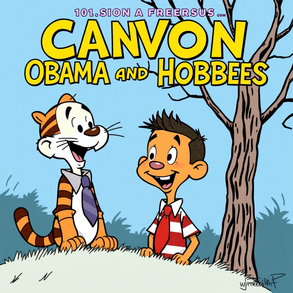 Create a comic book cover in the style of Calvin and Hobbes comics by Bill Watterson, featuring president Obama as Calvin and also Hobbes with the title Obama and Hobbes.