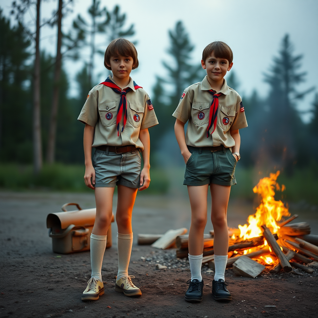 two tall 14yo teen boys, bob cut, wearing American boy scout uniform with uniform matching very tight booty shorts, tube socks, shoes, long legs, narrow thighs. a campfire. full-length view. 1980s. photorealistic, ultra high resolution, 16K, Negative: grainy, blurry, bad anatomy, extra limbs, watermark.