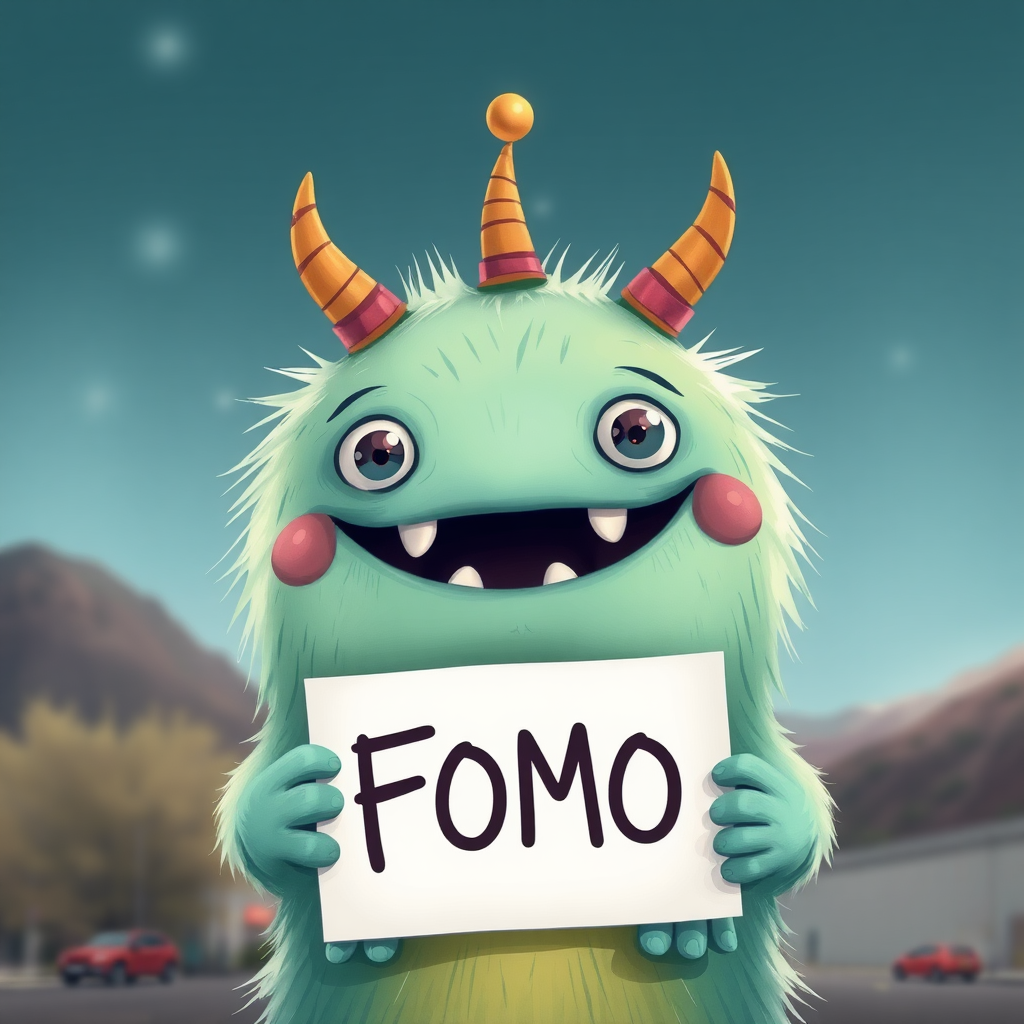 FOMO, monster, cute, holding FOMO sign