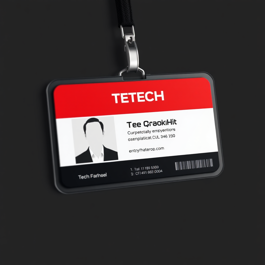 employee id card for tech company, professional themed, red and black dominant color