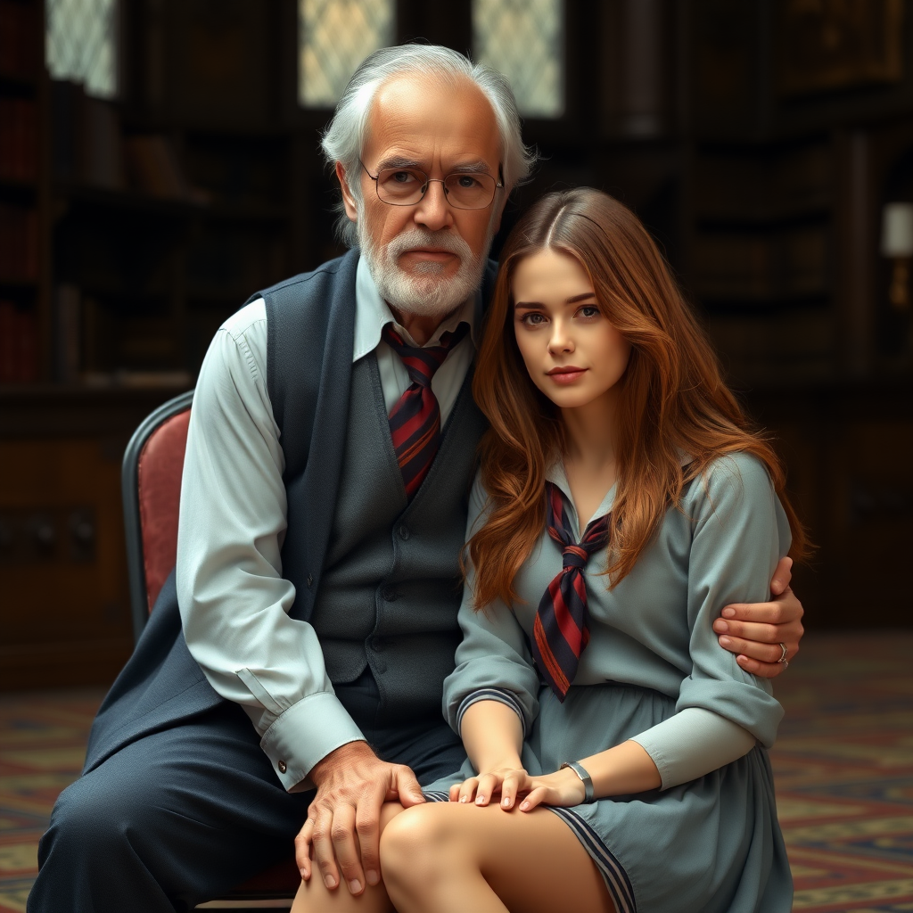 Hermione is a sexy English student, she is sitting on the knee of an old male professor, her school uniform is too small for her.