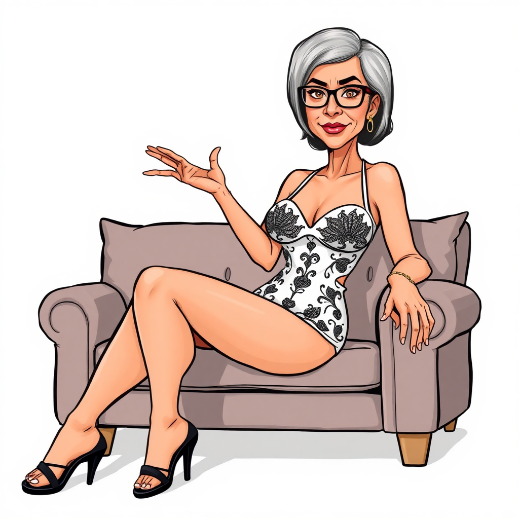 a towering 55 Years old, fit, slim, European, Latina, sharp aquiline nose, wrinkles, high cheekbones, Middle Eastern, Skinny, Tanned skin, Dark light skin, Rounded Medium breasts, Skinny thighs, full Makeup, jewelry, Serious face, Sharp nose, Ash hair, short bowl haircut, Brown eye color, Glasses, with detailed features. she is wearing embroidered black mesh balconette bras and a tight white high cut 1980s mesh cut out swimsuit, detailed fabric.  full body, high heels sandals, she is hand gesturing at the viewer to join her on a couch, sweating, 
long establishing shot, 2D, caricature, cartoon, Sketch lines, coloring book, coloring book style on white background, well composed, clean coloring book page, No dither, no gradient, strong outline, No fill, No solids, vector illustration, realistic proportions