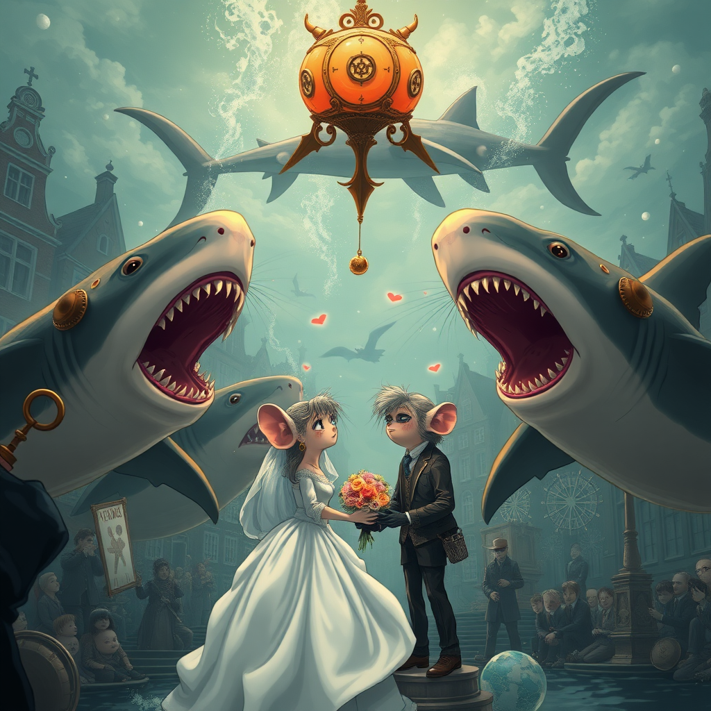 A rat wedding being attacked by hammerhead sharks, no text, Lovecraftian, in Amsterdam, steam punk, 2010s anime