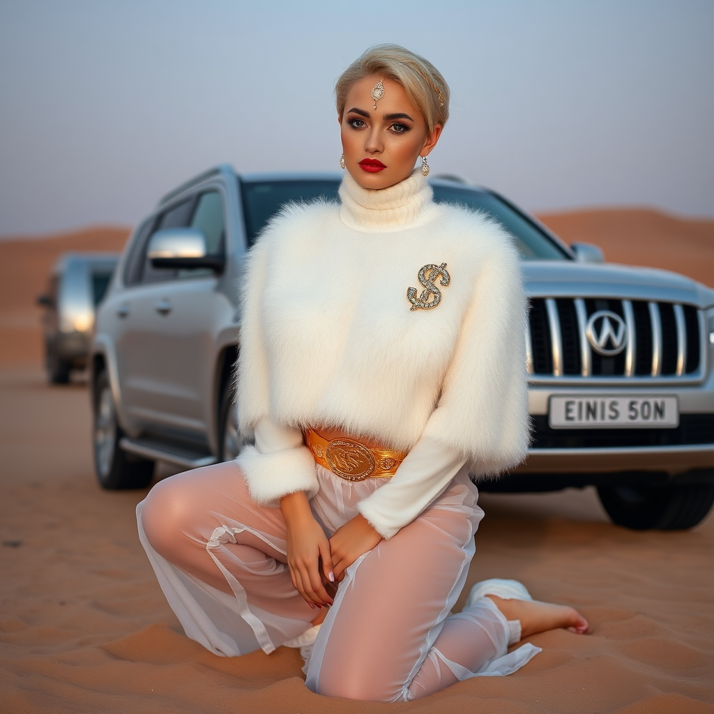 Kuwait desert dunes misty dawn, full size luxury SUV: Melissa, European 17 years old very convincing femboy “trophy-bimbo”, tamed servile docile, very beautiful feminine flawless face, rather short, by hormones very curvaceous womanly figured, platinum blond short tight curls, bold red lips, heavily made-up face, wearing Supertanya-style fluffy very fuzzy bright white angora turtleneck-poncho cropped ending under bust decorated with pearls and gemstones, striking oriental wide gold bridal protection belt, white fully transparent harem pants, full Oriental bridal jewelry including headpiece, nose-ring, coin anklets, striking diamond “$$$” letter brooch on left chest, pout frustrated, hands tied behind back, kneeling in sand in front of SUV, looking at camera. Focus on face and turtleneck-poncho.