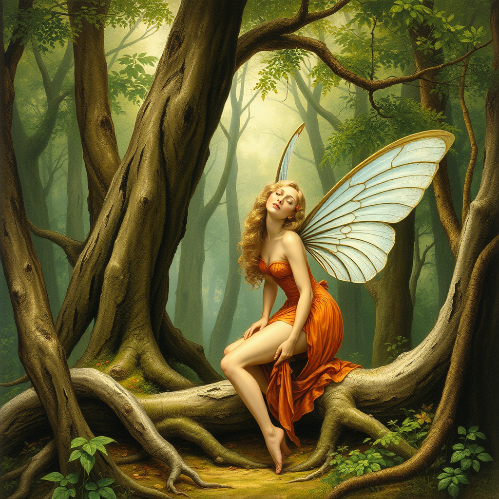 A classic forest scene with an attractive and seductive fairy. The scene is lush with the art styling of Alan Lee.