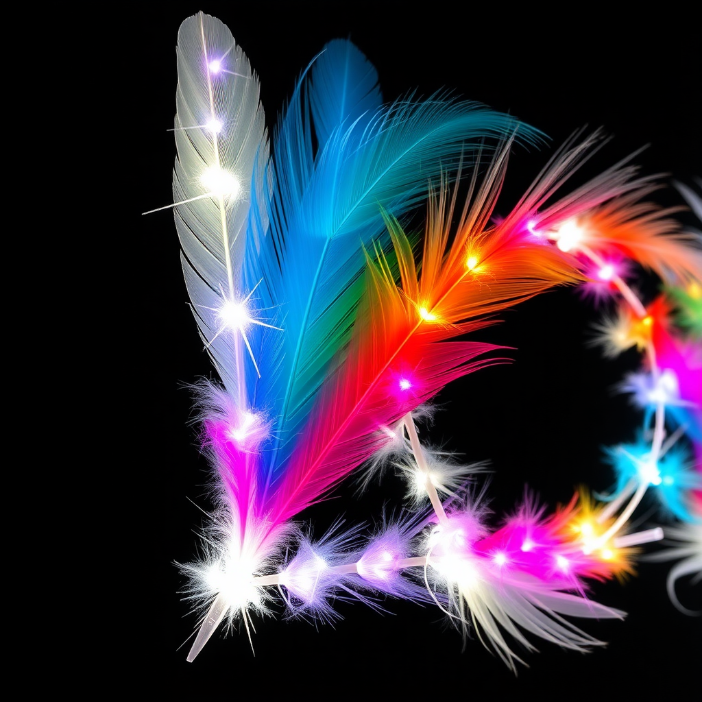 Word “light” made from various colorful feathers, black background