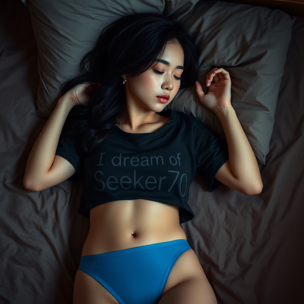 Above is an 18 year old Japanese woman lying on a bed, sleeping with her head on a pillow, wearing a shirt with the words "I dream of Seeker70", blue thong panties, very large breasts, detailed hands, small body, toned body, long wavy hair, dark and cozy lighting, warm and rich color palette.