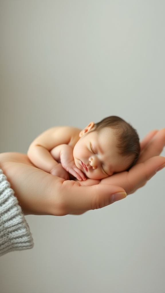 A cute mini little tiny miniature baby sleeping on hand