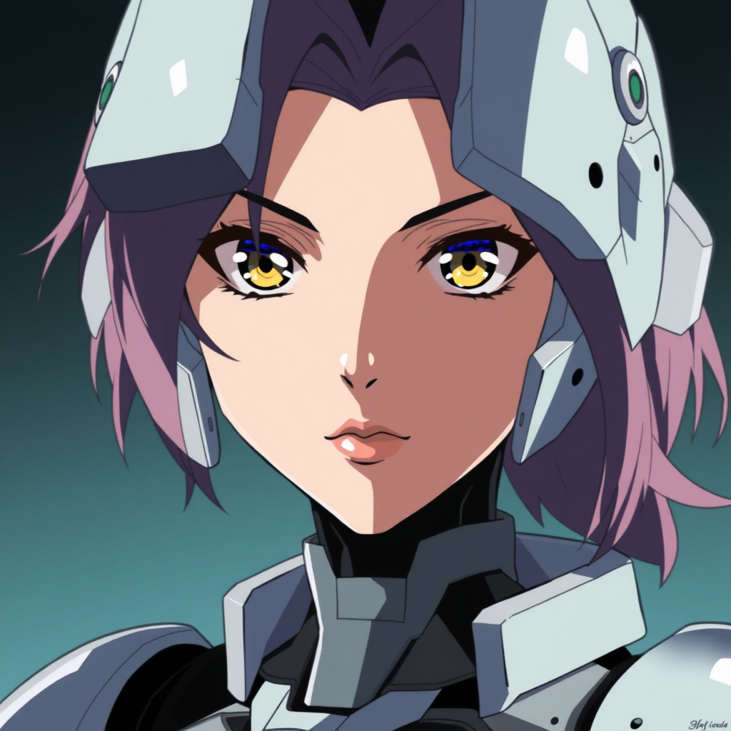 An anime portrait of an anime cyborg woman with an authoritative and confident gaze.