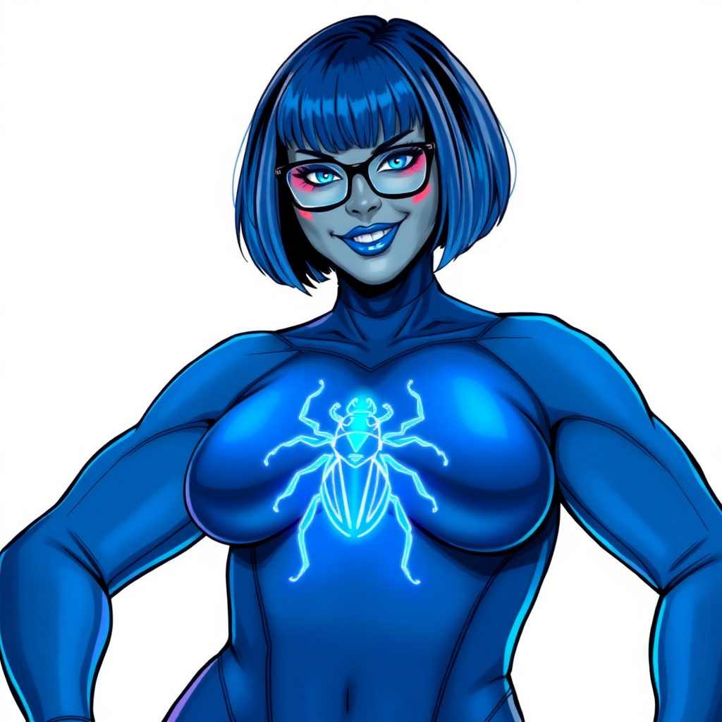 A 28-year-old, full-figured, middle gray metal skinned computer program-human hybrid with a maximum blue bob cut. She is the digital sidekick, computer hacker, and nerdy girlfriend of her cyberpunk vigilante boyfriend. Her middle gray metallic skin, distinct from any other character, highlights her digital nature. She wears maximum blue lipstick and has bright blue eyes. Her outfit includes an oversized maximum blue full bodysuit with a neon blue glowing chest icon of a beetle. Black eyeglasses accentuate her nerdiness, and she has a lovestruck smile with neon red blush. Her full figure, including a prominent, gargantuan, round midsection (with the full emphasis on her gargantuan belly), gigantic limbs, and broad shoulders, reflects the doting care of her vigilante boyfriend. The background is solid white. She is drawn as if she was in a retro 2D cyberpunk fighting game. Ensure her bodysuit covers all her bare skin (especially her round gargantuan belly). Her oversized bodysuit is influenced by DC's superheroine Jennifer Knight Phantom Lady but remains distinct.