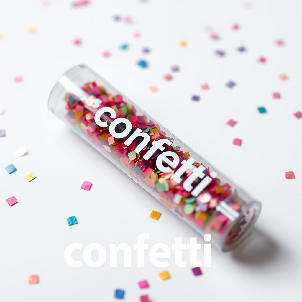 A photo of a fat transparent plain confetti popper tube with confetti inside and with text "confetti" on it, lying flat at an angle, with confetti around it, white background, distant confetti blurred, white bold text with a black border