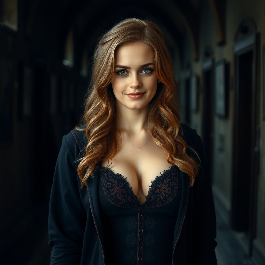 Emma Watson as Hermione Granger, 18 years old, erotic, B cup, revealing Hogwarts uniform, cleavage, slight smile, dirty and abandoned Hogwarts hallway, raw photo, 8k