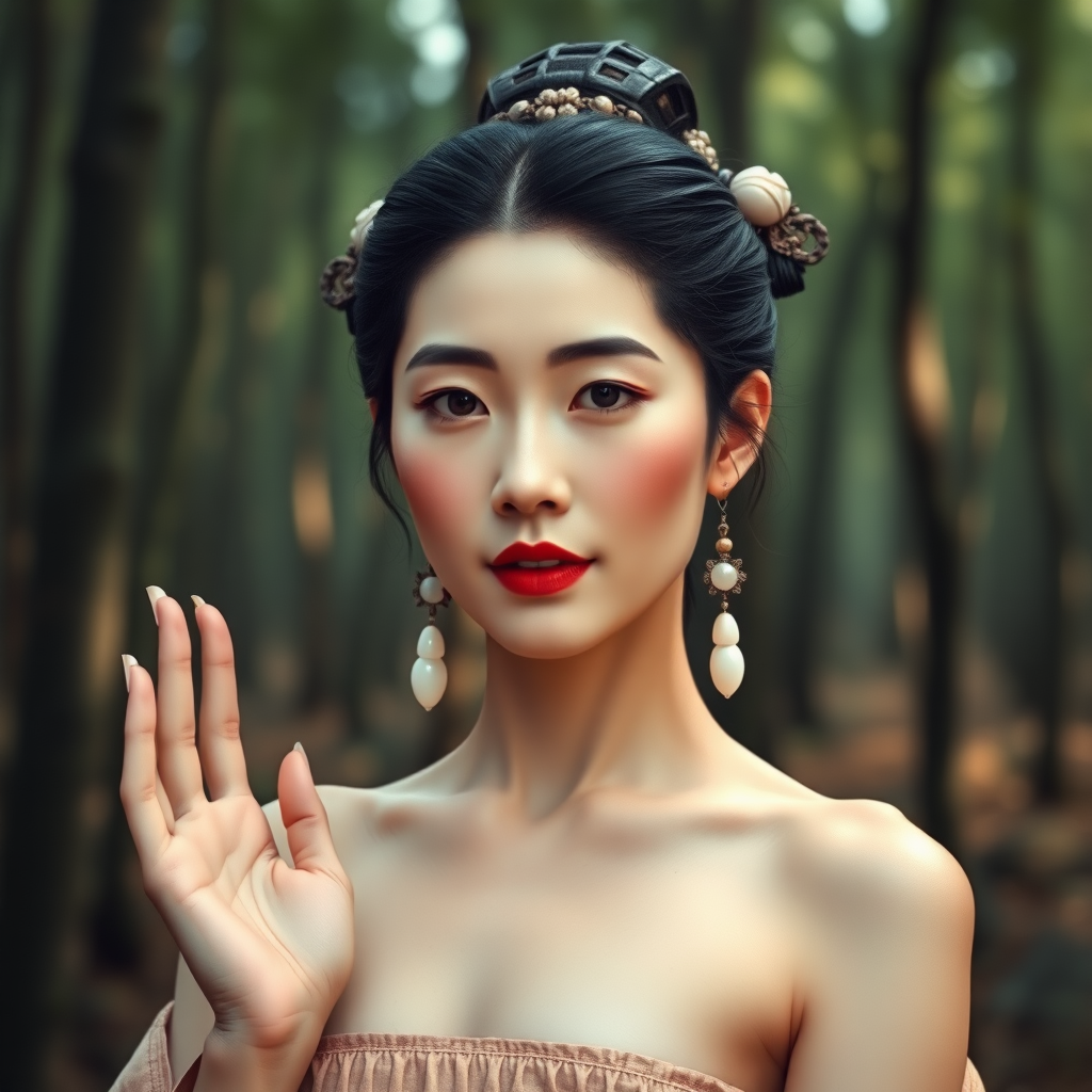 A Chinese ancient woman is wearing silk shoes. On her head is tortoiseshell jewelry. Around her waist is a plain silk strap. She has earrings made of moon pearls. Her fingers are extremely slender and white, just like sharpened scallion roots. Her lips are rosy red, as if she has vermilion on them. Vividly presenting her beauty, elegance, and dignity. The image should be highly realistic, with fine details and lifelike textures. The colors should be natural and vivid, enhancing the overall sense of authenticity. nude. full body. standing in the forest. cloth off.