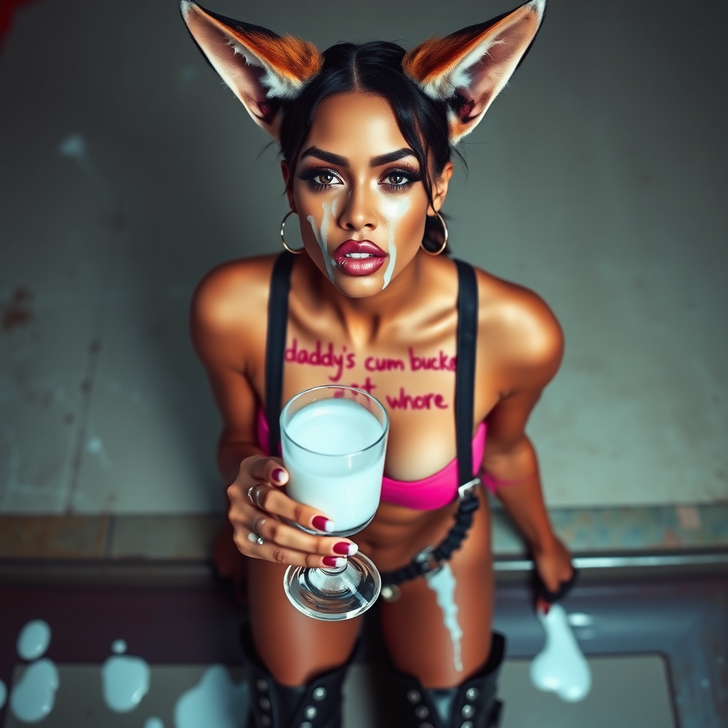 Full body in frame, high POV, Real life photo of a Halle Berry as a cyberpunk girl, she has “daddy’s cum bucket whore” written on her skin with lipstick. She is holding a glass of translucent white slime below her chin, she has fox ears, tiny cropped tee, wearing g-string thong, suspenders and chunky thigh boots, her eyes and face are covered in clear slime.