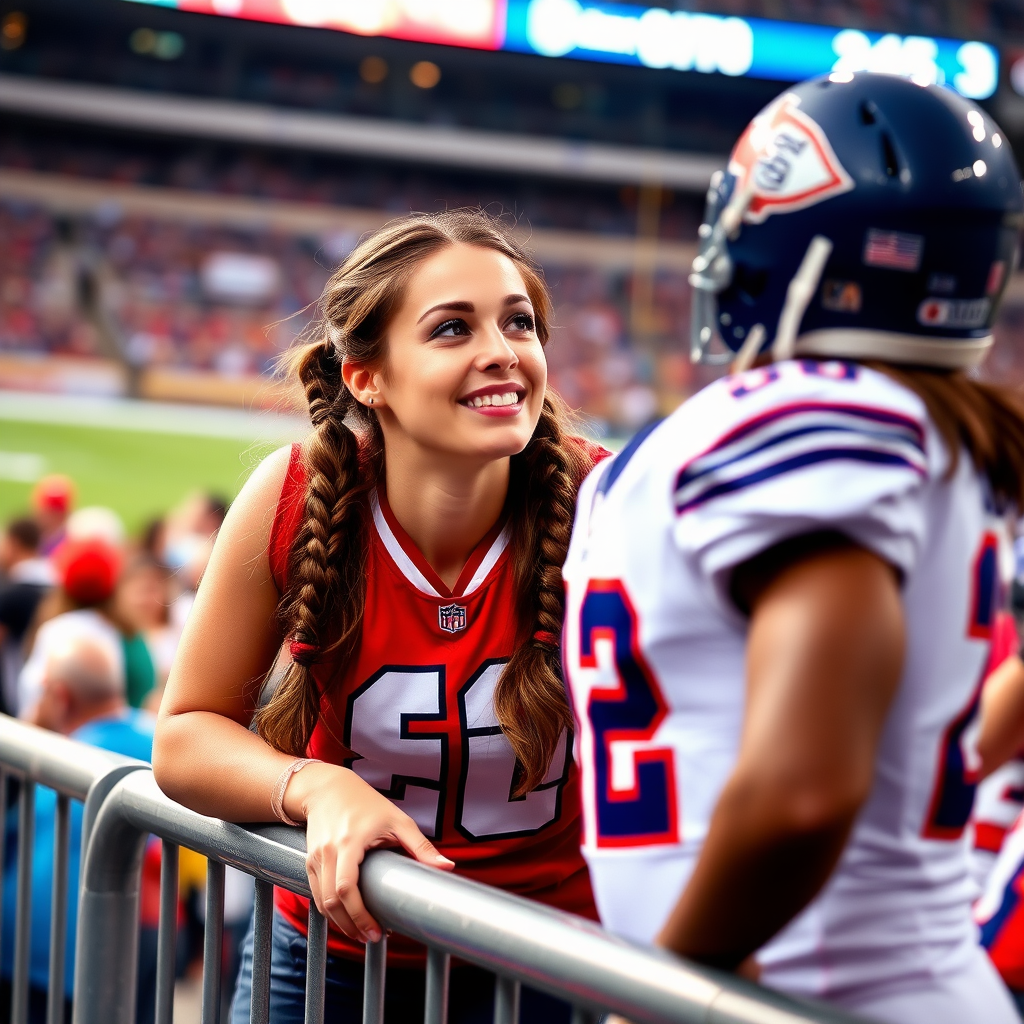 Attractive female NFL fan, pigtail hair, leaning forward over front row stadium barriers, fangirling over an NFL player