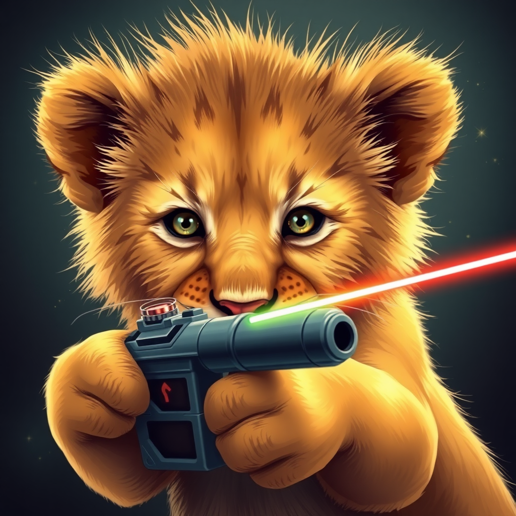 Lion cub with a laser gun