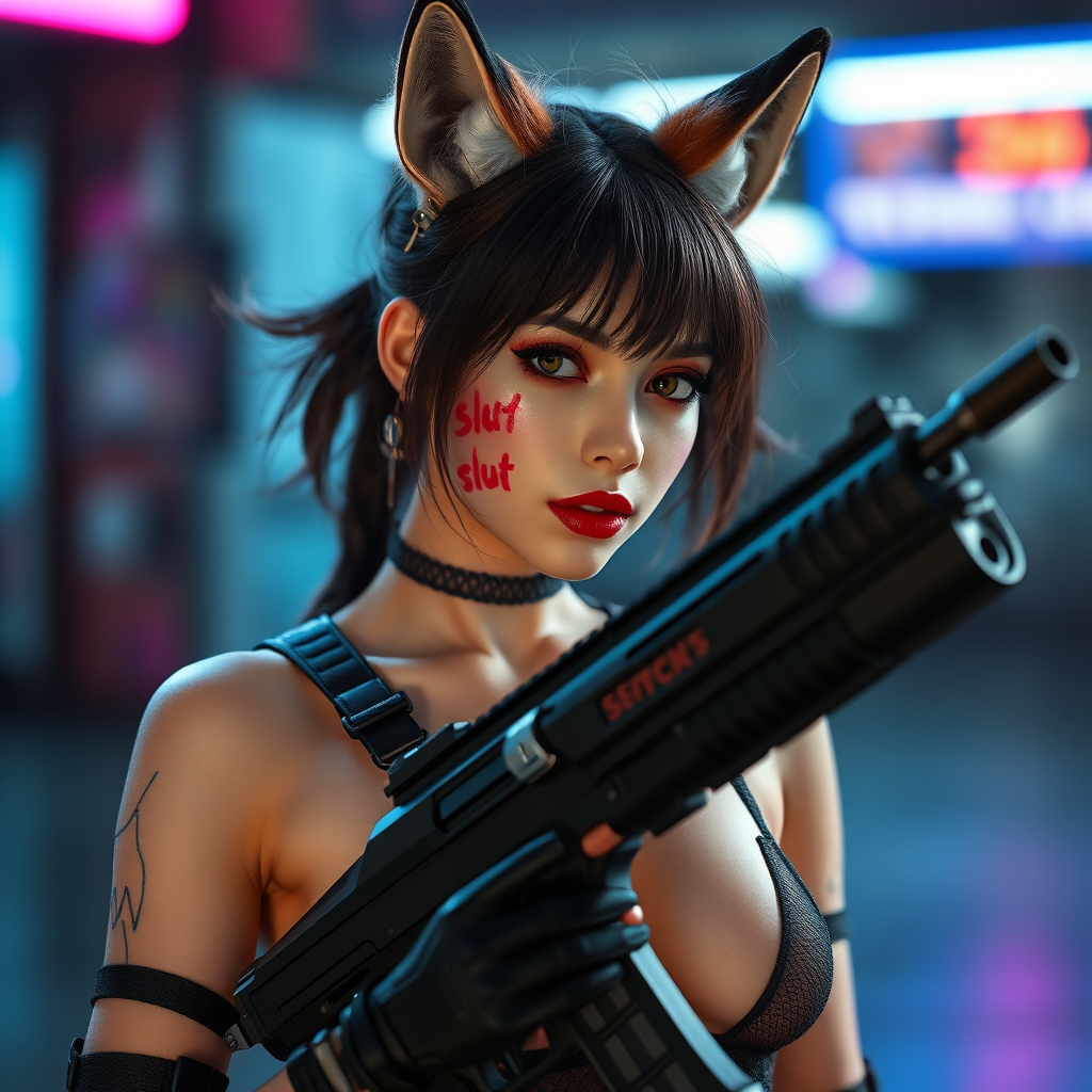 Real life photo of a cyberpunk waifu, she has “slut” written on her skin with lipstick. She is holding a big gun, she has fox ears, tiny metal nipple covers.