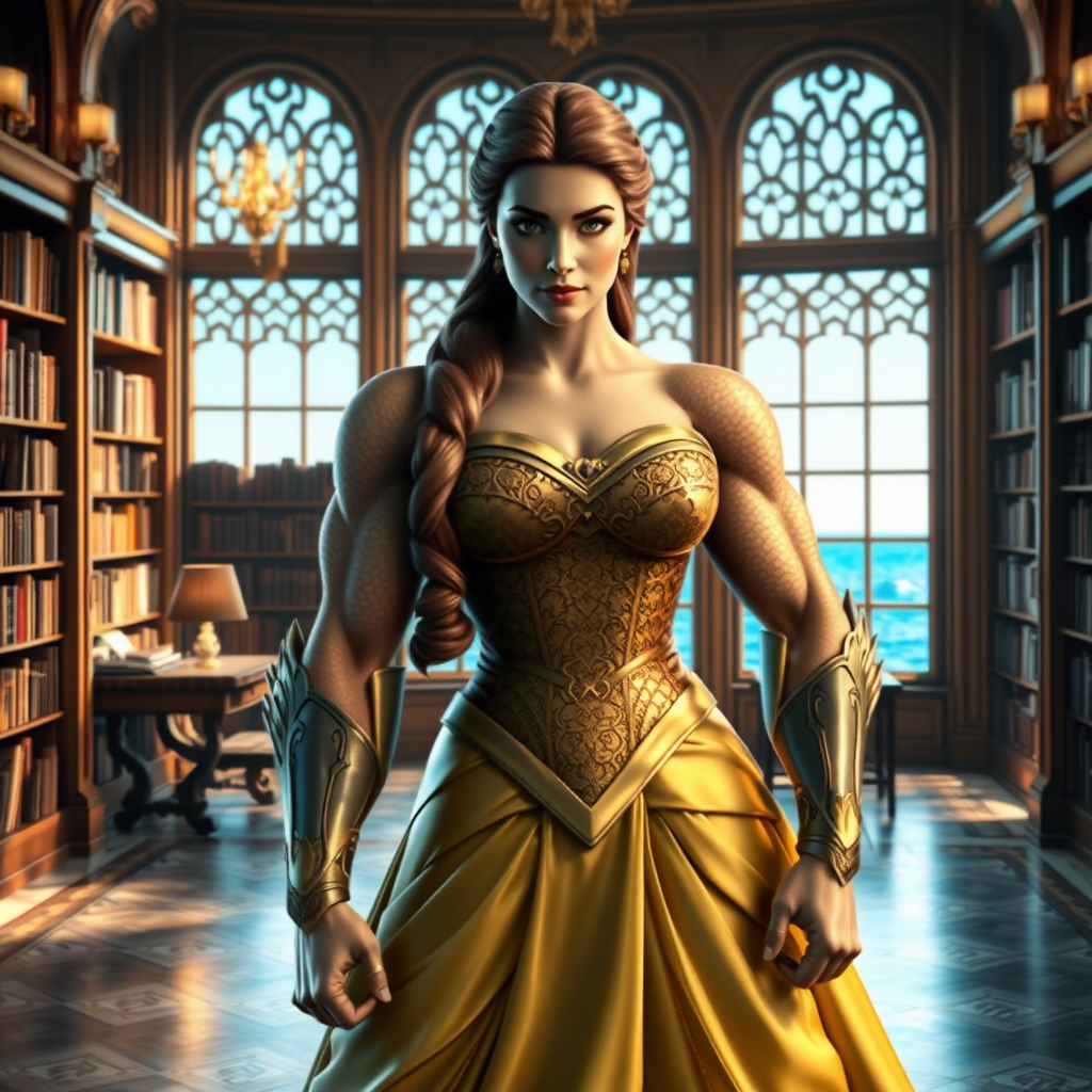 Create a hyper-realistic image of Belle from Beauty and the Beast with a modified body type resembling Aquaman's muscular physique. Maintain Belle's original head and facial features intact, but transform her figure to be more athletic and powerful. Dress her in an outfit that blends elements from both characters, suitable for her new form. Set the scene in a grand library with large windows overlooking the sea, combining Belle's love for books with Aquaman's aquatic realm. Ensure the lighting and details are vivid and lifelike.