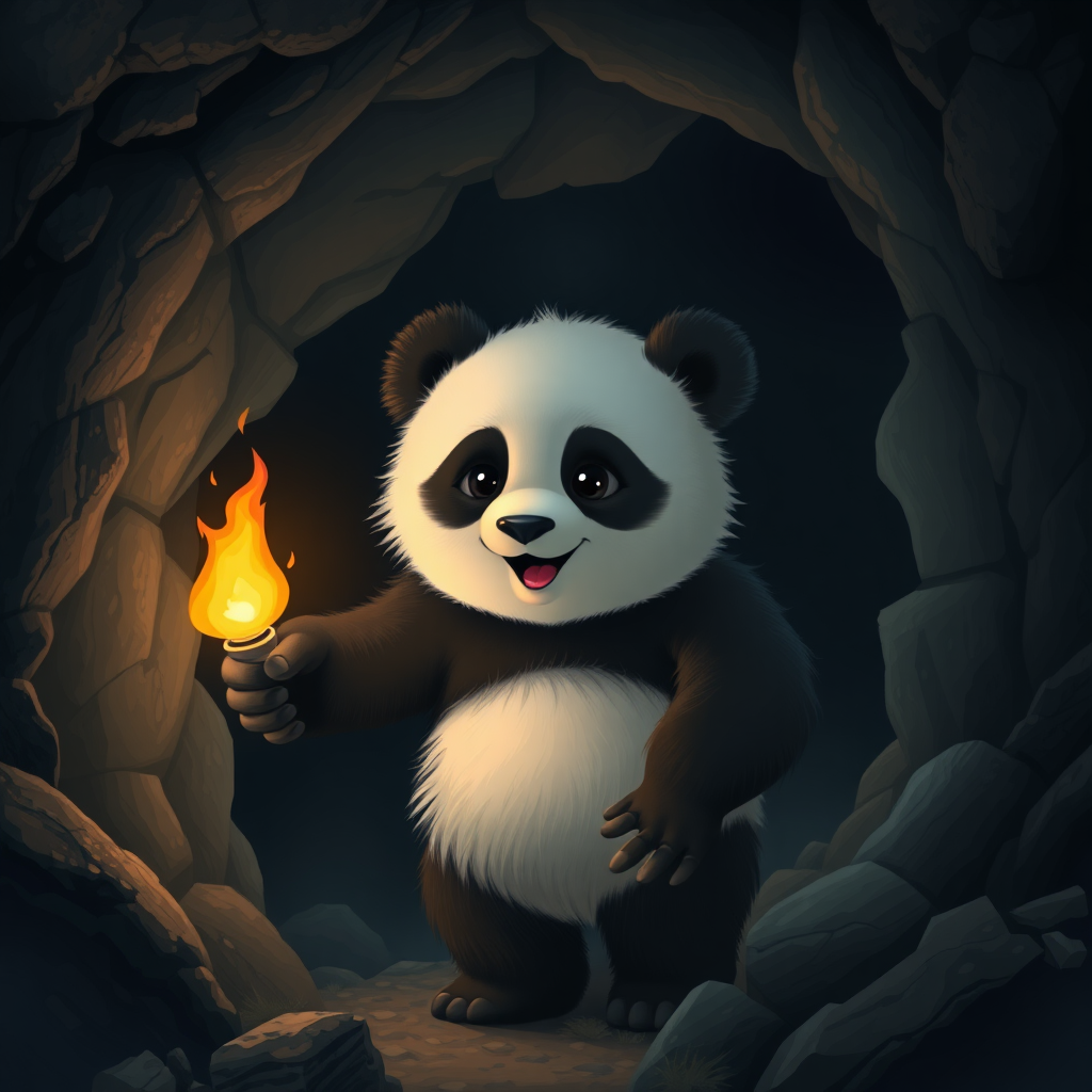 A photorealistic picture of a panda holding a torch while exploring a dark cave.