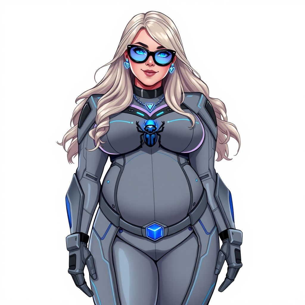 A 29-year-old computer science major, she is the devoted girlfriend of a vigilante and serves as his dotingly pampered, full-figured, nerdy digital sidekick. She is now a Computer Program hybrid, with a unique, metallic Middle Gray (N5) skin color that matches her Middle Gray (N5) suit and hair, making her resemble a computer program. Her long hair, skin, and suit are all a matching Middle Gray (N5). Her neon blue eyes are mesmerizing. Her full figure, especially her prominently gargantuan round midsection, shows just how heavily fed and pampered she is, with sequoia-sized limbs and broad shoulders.

As a loyal and supportive sidekick, she plays a crucial role in their missions, using her digital prowess to assist and protect. She wears a blue sapphire scarab necklace and blue sapphire earrings, which she received as symbols of their love before his 5-year disappearance. Her digital and computerized biker suit, also Middle Gray (N5), covers her entire body and is adorned with a neon blue beetle emblem on its chest. The suit is equipped with high-tech features, including holographic displays and integrated hacking tools. She has matching high-tech gloves. She emits neon blue data cubes from her body, set against a solid white background.

Heavily, attentively, and immensely pampered through being well-fed since their reunion, her full figure clearly shows the extent of care she has received. Despite her digital enhancements, she retains her human vulnerabilities, including hunger and sleep, and is not immune to human weaknesses. She has the ability to hack into computers and machines, and her nerdiness is blatantly obvious with her black oversized eyeglasses. Her full figure, especially her gargantuan midsection, is prominently displayed and heavily emphasized. Her outfit, influenced by DC’s Jennifer Knight Phantom Lady, remains distinct.

Despite her boyfriend’s limited resources, she assists in the war on crime by serving as a minicomputer, traveling in a high-tech wristwatch and supercar’s computer system. Using her hacking abilities, she relays crucial knowledge related to missions. She bashfully smiles with a neon red blush. She is drawn as if she was in a retro 2D cyberpunk fighting game.