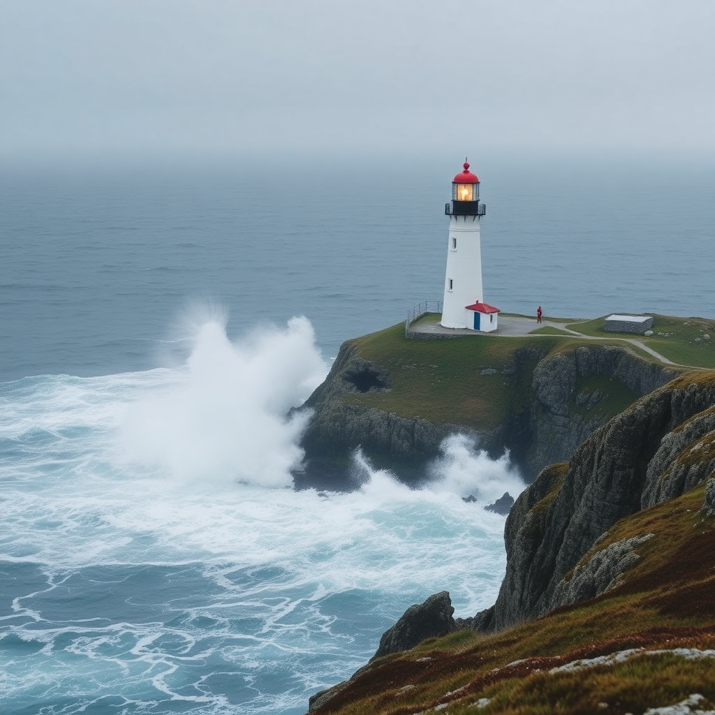 cornish lighthouse on island in rough seas