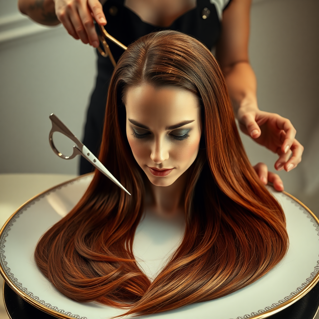 In a bizarre, surreal tableau, the polished surface of an elegant dining plate cradles the disembodied head of a strikingly beautiful Kate Middleton, her long, flowing hair cascading like a glossy waterfall of deep chestnut and honey highlights. The hair is luxuriously arranged, strands shimmering under the soft, ambient light that bathes the scene in an ethereal glow.

A skilled hairdresser, clad in a sleek black apron, stands poised with a pair of gleaming scissors, carefully trimming the endlessly luxurious locks that frame Kate's serene, almost ethereal features. The air is thick with the scent of salon products mingling with delicate hints of floral fragrances, creating an unusual yet strangely inviting atmosphere. The hairdresser's focused expression reveals a meticulous dedication as snippets of hair fall gracefully onto the pristine plate, echoing a sense of both artistry and absurdity.

The overall emotional tone conveys a dreamlike quality, inviting viewers to ponder the juxtaposition of beauty, identity, and the bizarre circumstances that bind them in this extraordinary moment.