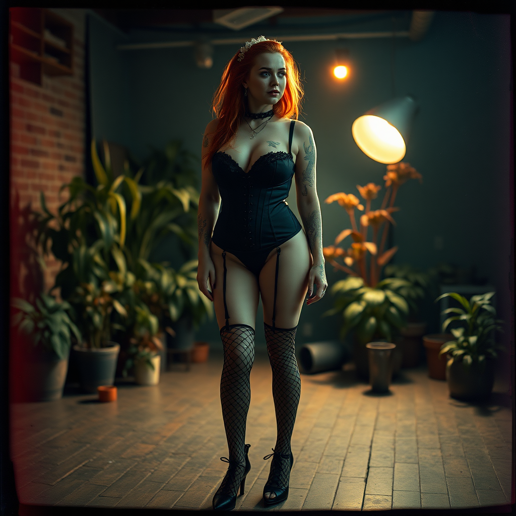 Scan of old photograph with visible wear and heavy vignetting and cracking with color tint and light leak depicting a sexy curvy thicc alt goth girl with red hair and freckles wearing a garter belt and high heels with revealing black fishnet corset, standing facing the viewer in a photography studio with artistic lighting filled with plants