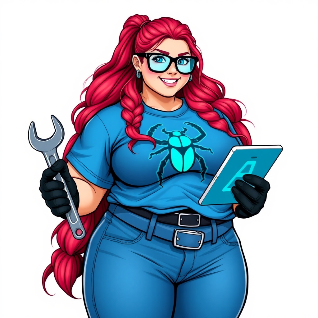 A 28-year-old, full-figured computer hacker and tech wiz, she is the girlfriend of a cyberpunk vigilante. Her long ruby-red ponytail, and striking, bright blue eyes make her stand out. Her wrecking ball-sized midsection, sequoia-sized limbs, and broad shoulders define her full figure, which has been heavily pampered by her doting boyfriend. Her nerdiness is blatantly obvious, and she serves as her boyfriend’s tech expert.

As the loyal and supportive sidekick, she plays a crucial role in their missions, using her digital and technological prowess to assist and protect. She wears an oversized maximum blue t-shirt adorned with a maximum turquoise beetle chest icon, black oversized eyeglasses, matching maximum blue biker pants, and black high-tech gloves. She beams with a neon red blush, holding a futuristic wrench and a digital holographic tablet. She is on a solid white background. She is drawn as if she was in a retro 2D cyberpunk fighting game. Her midsection is bloated to emphasize her figure.