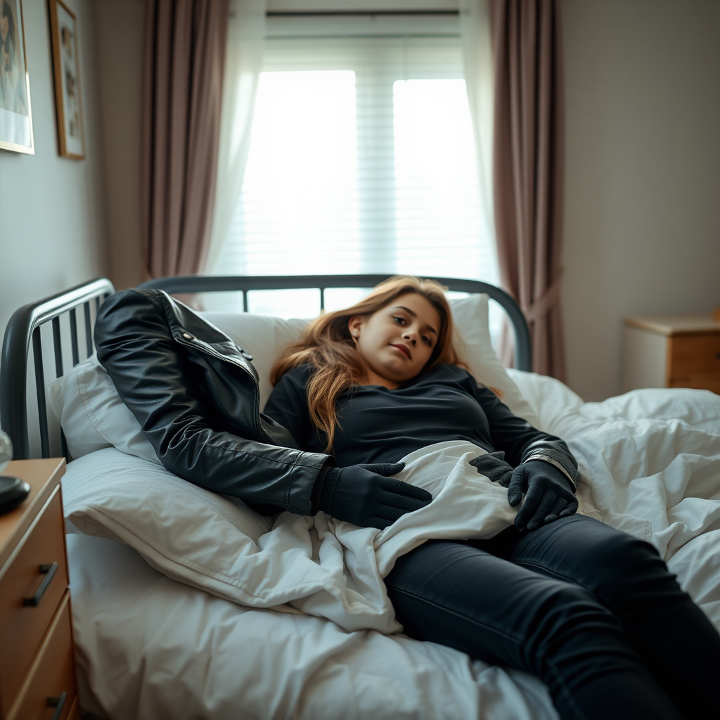 A beautiful female burglar in a black leather jacket over a black t-shirt with black jeans and gloves visits her sick little daughter lying in bed.