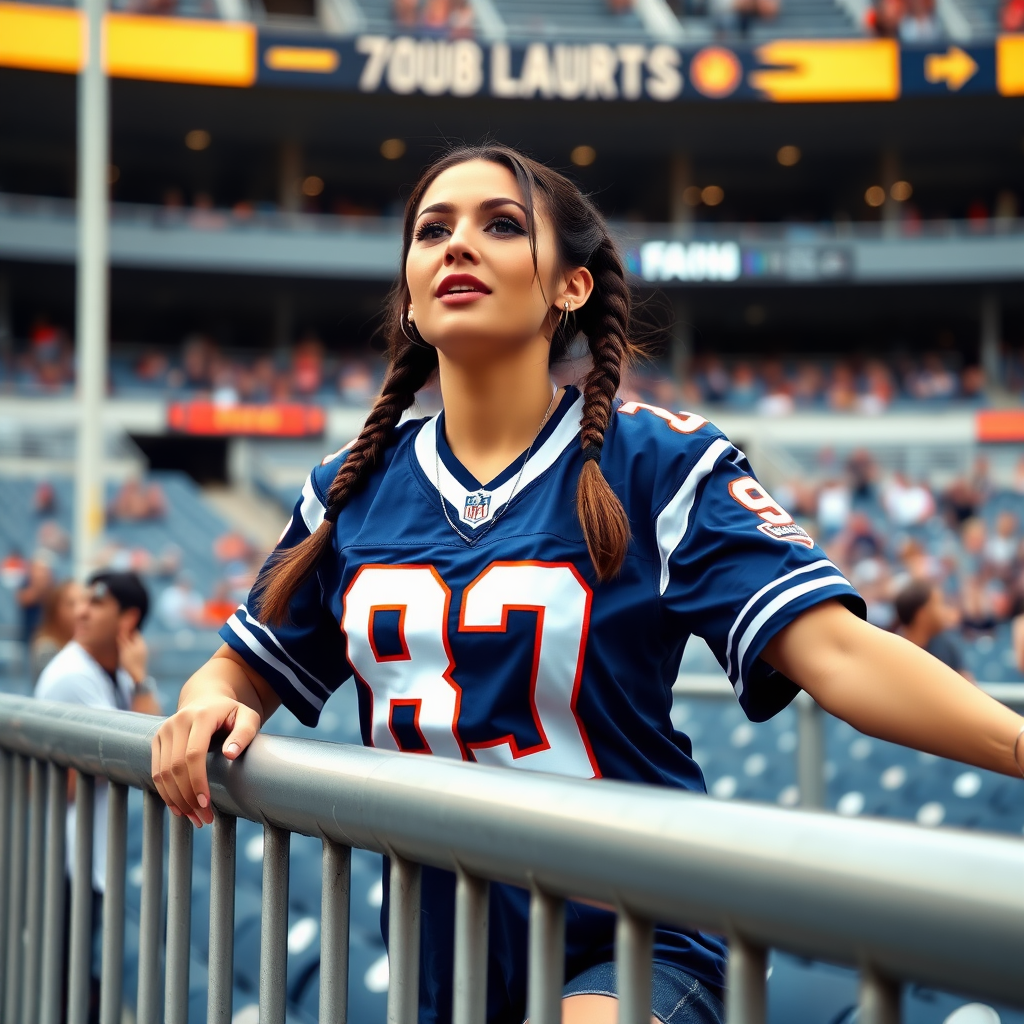 Extremely attractive female NFL fan, jersey, large chest and pigtail hair, cheering, leaning forward over stadium barriers, at NFL stadium bleachers