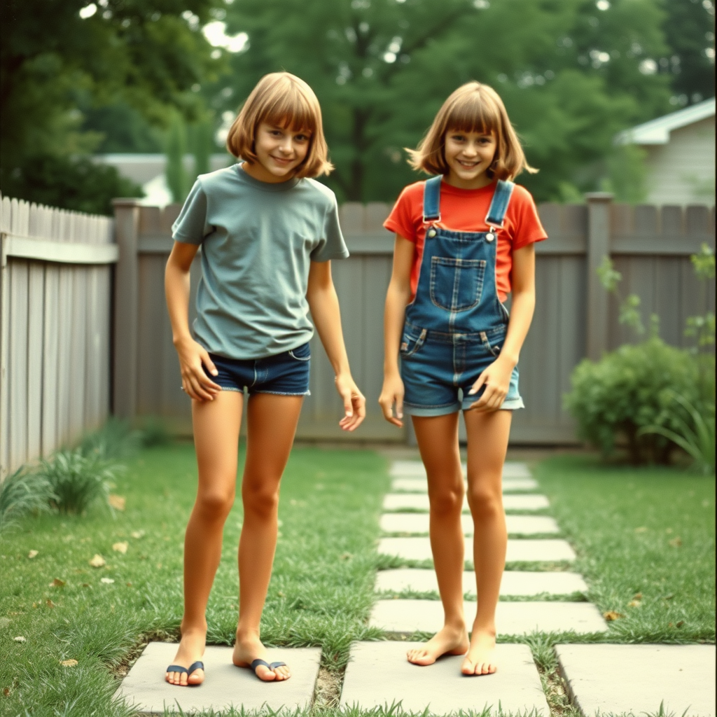 Two tall 14yo teen boys, long hair bob cut, wearing t-shirts and very tight booty shorts or denim tight booty shortalls, long legs, narrow thighs, full-length front view. 1970s. Playing in the backyard. Photorealistic, ultra high resolution, 16K. Negative: grainy, blurry, bad anatomy, extra limbs, watermark.