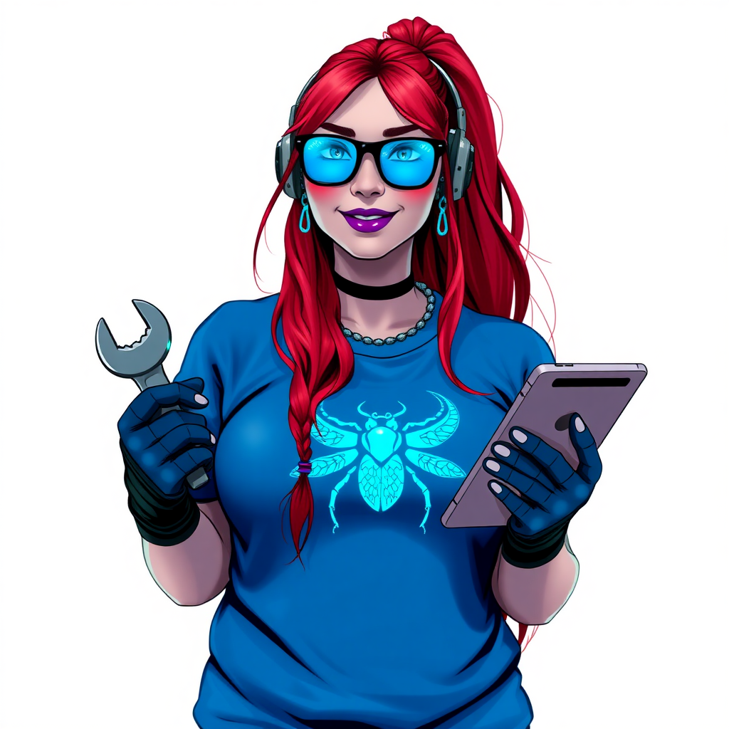 A full-sized, intelligent and tech-savvy 28-year-old computer hacker and tech genius. She has a long ruby red ponytail. She wears maximum blue lipstick, blue eyes, a sapphire beetle gemstone necklace, sapphire earrings, black eyeglasses, hi-tech power gloves, and a gigantic oversized maximum blue t-shirt featuring a neon blue glowing beetle chest icon. She has a full-figured physique with a gargantuan, round midsection, reflecting her well-cared-for lifestyle. She sports a sapphire headset with a hi-tech maximum turquoise lensed HUD, and a beaming smile accentuated by a passionate neon red blush. She serves as his tech expert from his hideout, holding a futuristic tool wrench and a futuristic digital tablet. The background is solid white. She is drawn as if she was in a retro 2D cyberpunk fighting game.