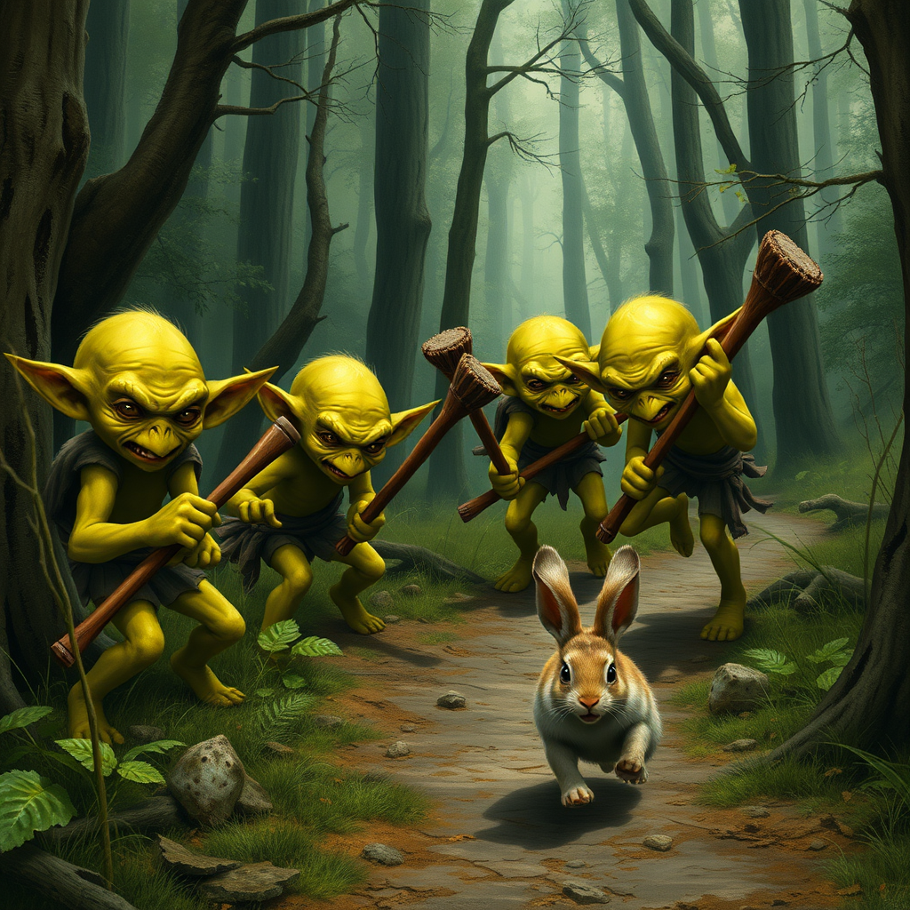 A realistic picture of several greenish yellow goblins of different sizes and looks with wooden clubs looking at and chasing after a fleeing bunny along a forest path.