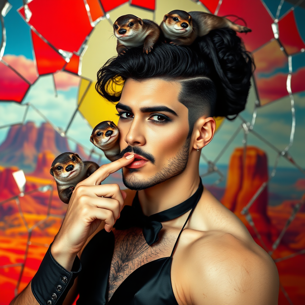 The background is a broken glass with red, blue, yellow and white. A 4K hyper-realistic photograph in the style of retrofuturista, blending surrealism with kitsch. The subject is a man with an extravagant, curly black haircut, styled in a flamboyant bun, paired with a sexy, masculine look. He sports a neatly groomed, three-day beard — short, evenly distributed, with a light shadow effect across the chin, jawline, and cheeks. His makeup is dramatic, like a drag queen, adding to the boldness of his appearance. He has a muscular, athletic build. A pin-up man in a seductive pose, wearing an extravagant Dior dress. His expression is playful and provocative, with a finger delicately posed on his mouth, adding a touch of mystery. The background is a surreal landscape with vibrant colors and kitsch elements that contrast with his figure. Otters are playing on his head.