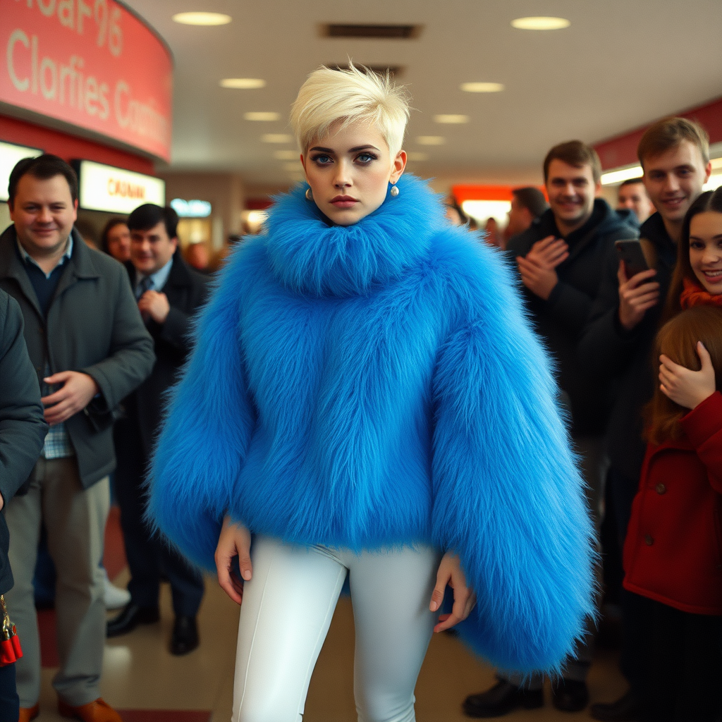 1990 winter afternoon daylight, crowded cinema lobby: Sam, 19 years old beautiful involuntary femboy, rebellious intractable character, short petite boyish figure, platinum blond boyish rebel punk hairstyle, flawless heavily made-up face with sharp arched tattooed eyebrows, wearing Supertanya-style fluffy very fuzzy bright blue angora thigh-length turtleneck-poncho fully covering body and arms, white shiny leggings, red leather high-heeled pumps, silver earrings, puzzled alarmed, pout serious, impatiently waiting for her master. Surrounded by much taller male visitors watching laughing taking pictures.