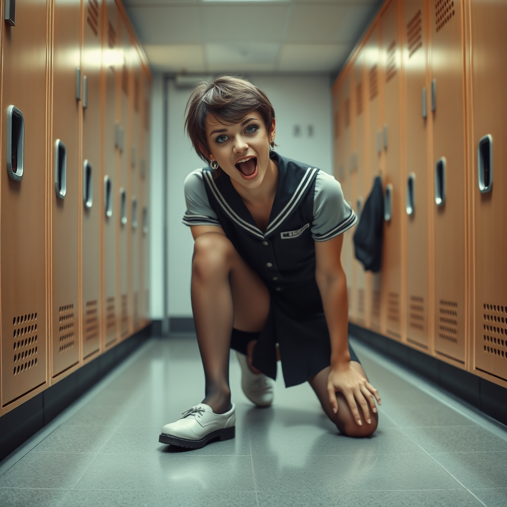 photorealistic, ultra high resolution, 16K, surreal fantasy, soft studio lighting, Tyler Swift is a pretty 17 year old goth male, slim male physique, short dark hair, blue eyes, goth makeup, earrings, sheer grey pantyhose, UK girls-school uniform, Mary-Jane shoes, kneeling on the floor of the locker room looking up at the camera, excited open mouth smile, drooling saliva, facing the camera.