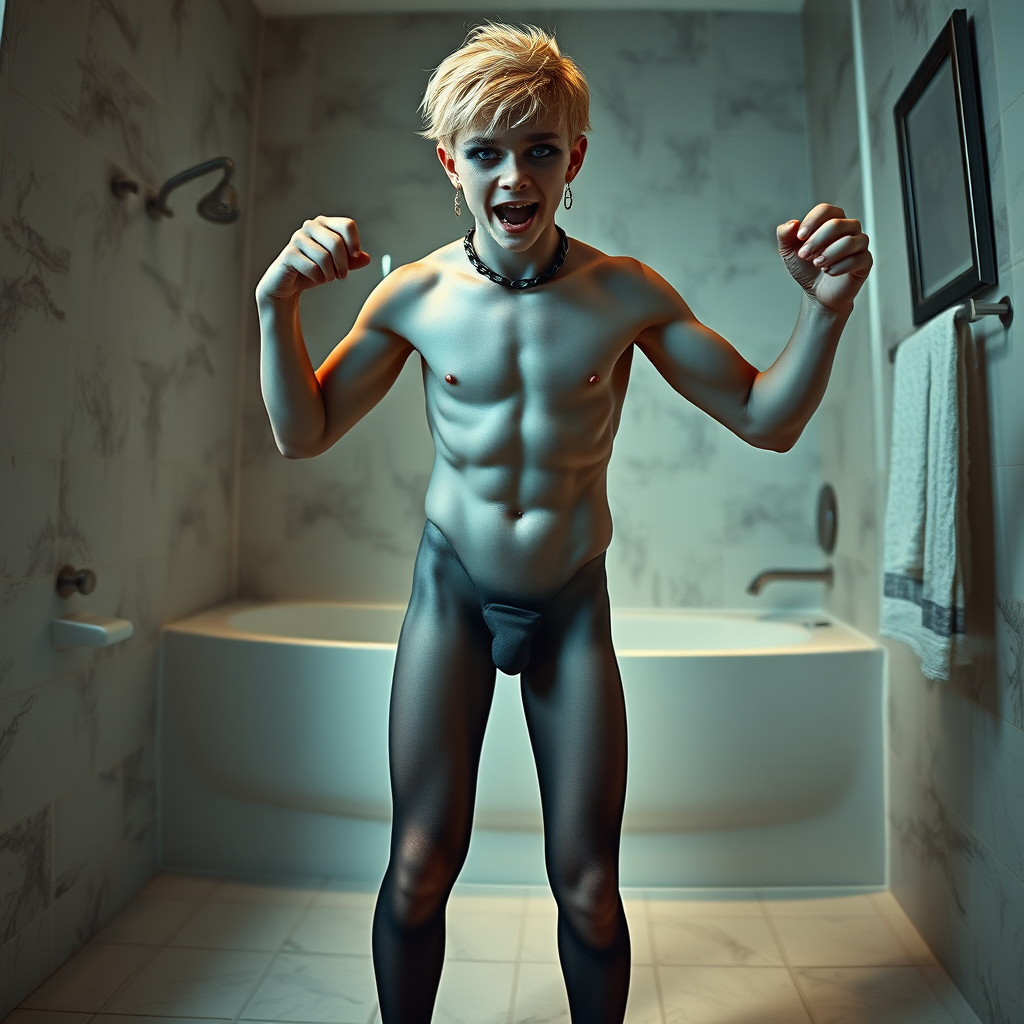 photorealistic, ultra high resolution, 16K, surreal fantasy, soft studio lighting, Caleb Swift is a pretty 16 year old goth male, slim male physique, blonde hair, blue eyes, goth makeup, earrings, sheer black pantyhose, spiky neck collar with chain, standing on the floor of the bathroom striking a pose as Michelangelo's "David" sculpture, excited mouth, bulging manhood, full body front view of Caleb facing the camera.